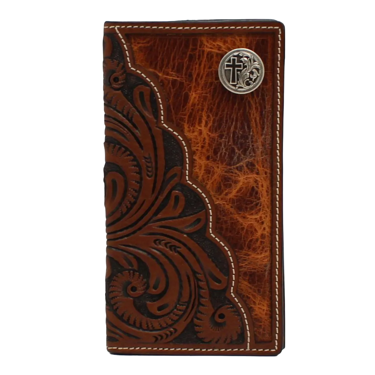 3D Men's Brown Floral Tooled Cross Concho Rodeo Wallet D250001302