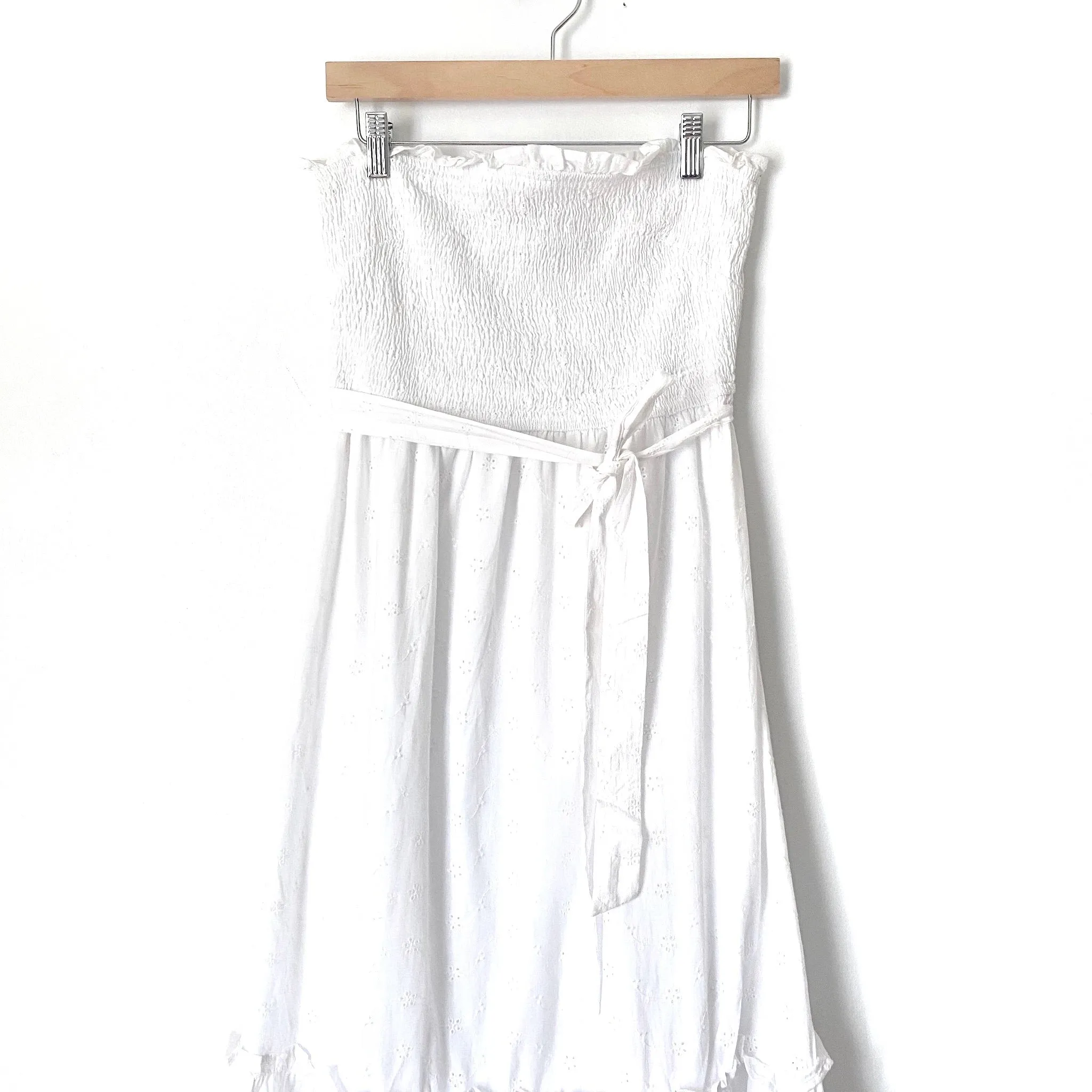 Aakaa White Smocked Bodice Strapless Belted Dress- Size L
