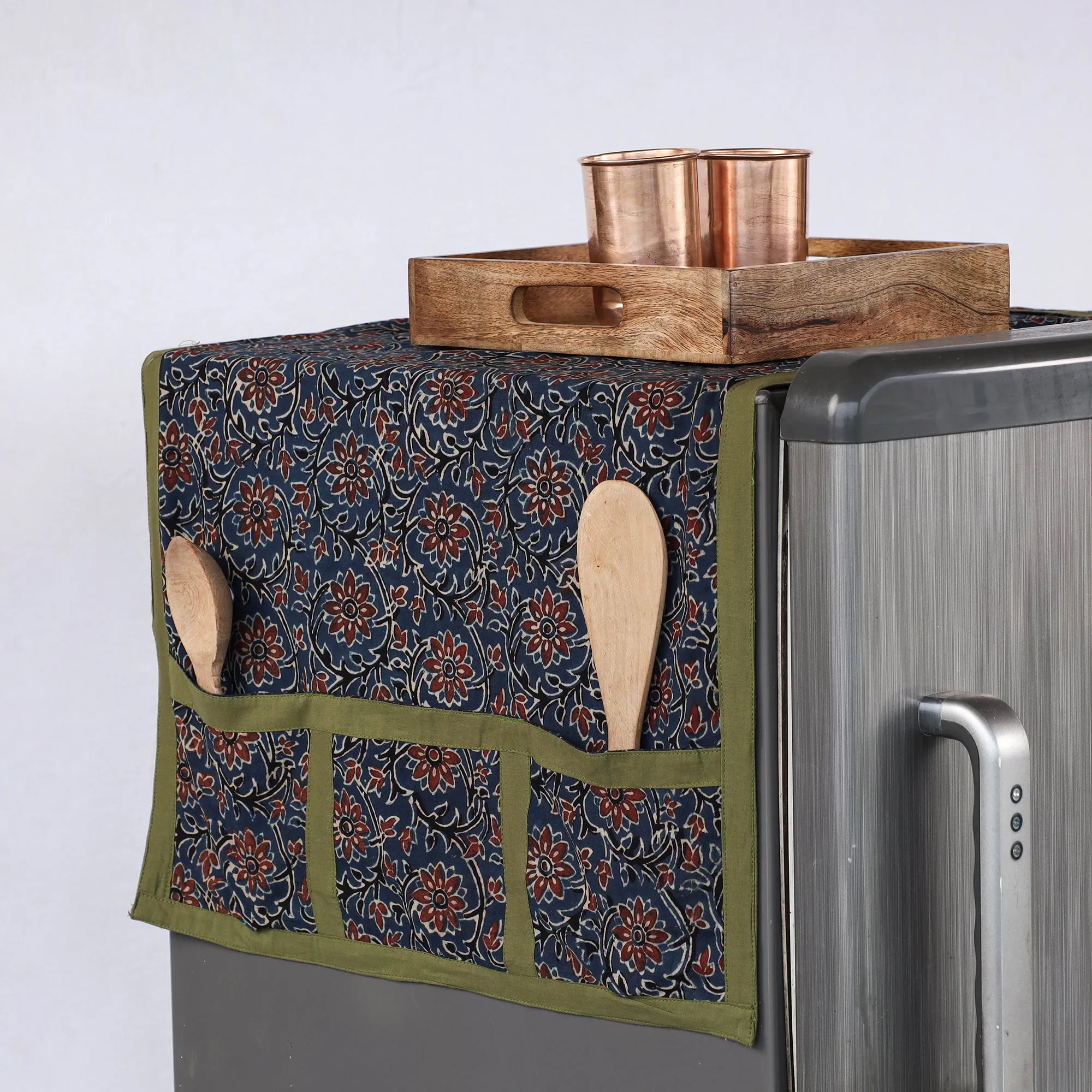 Ajrakh Block Printed Cotton Fridge Top Cover with Multiple Pockets