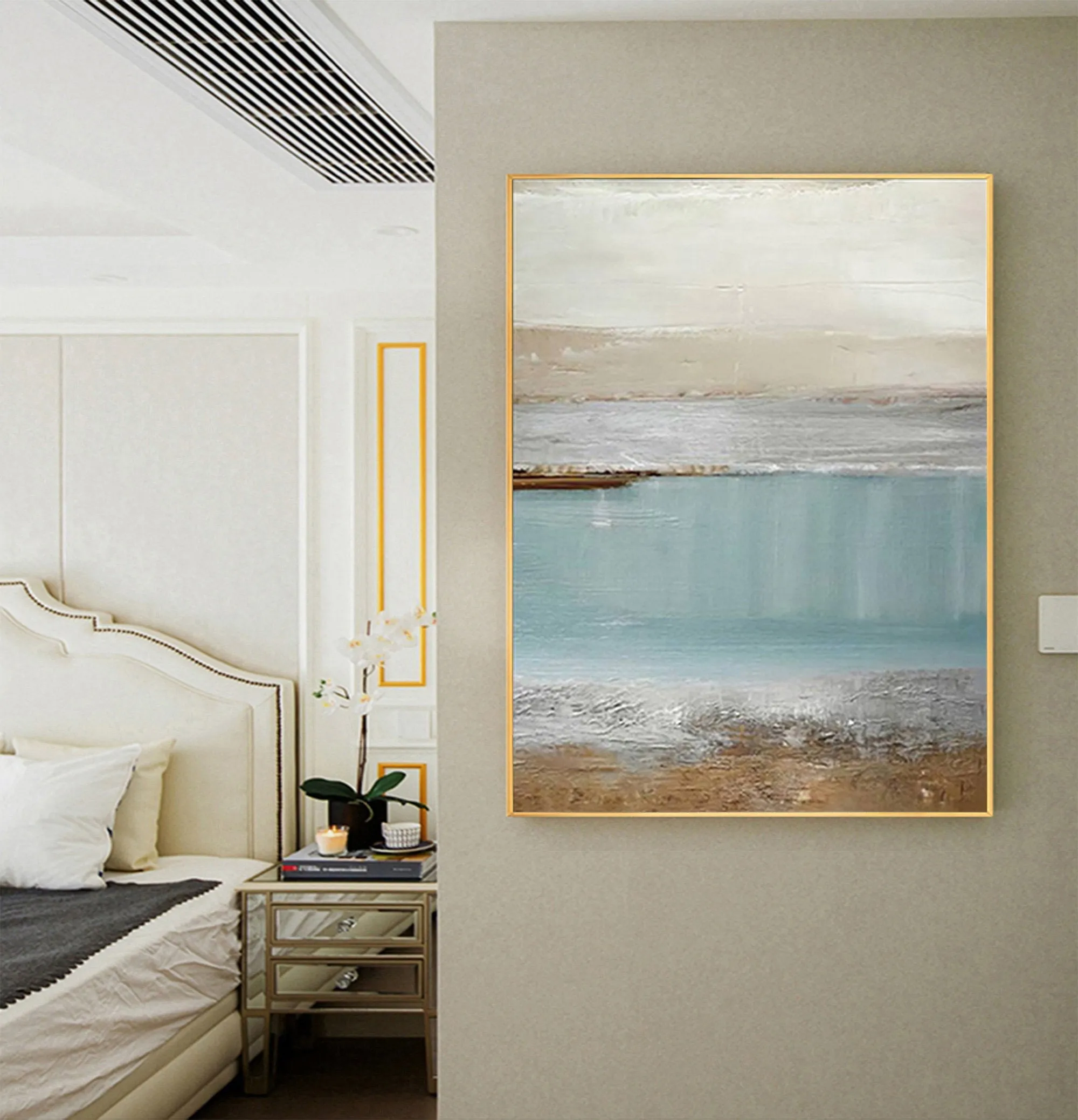 Big Ocean Art Blue Painting Beach Sunset Painting Op030