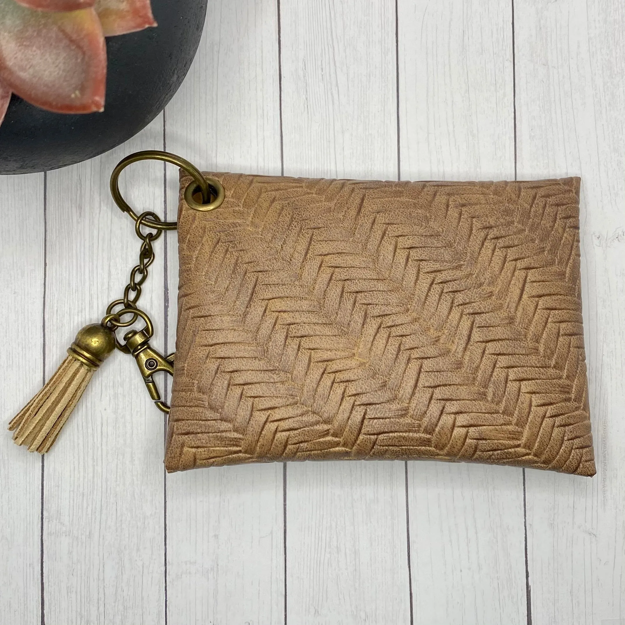 Brown Basketweave Faux Leather ID Wallet Mask Holder