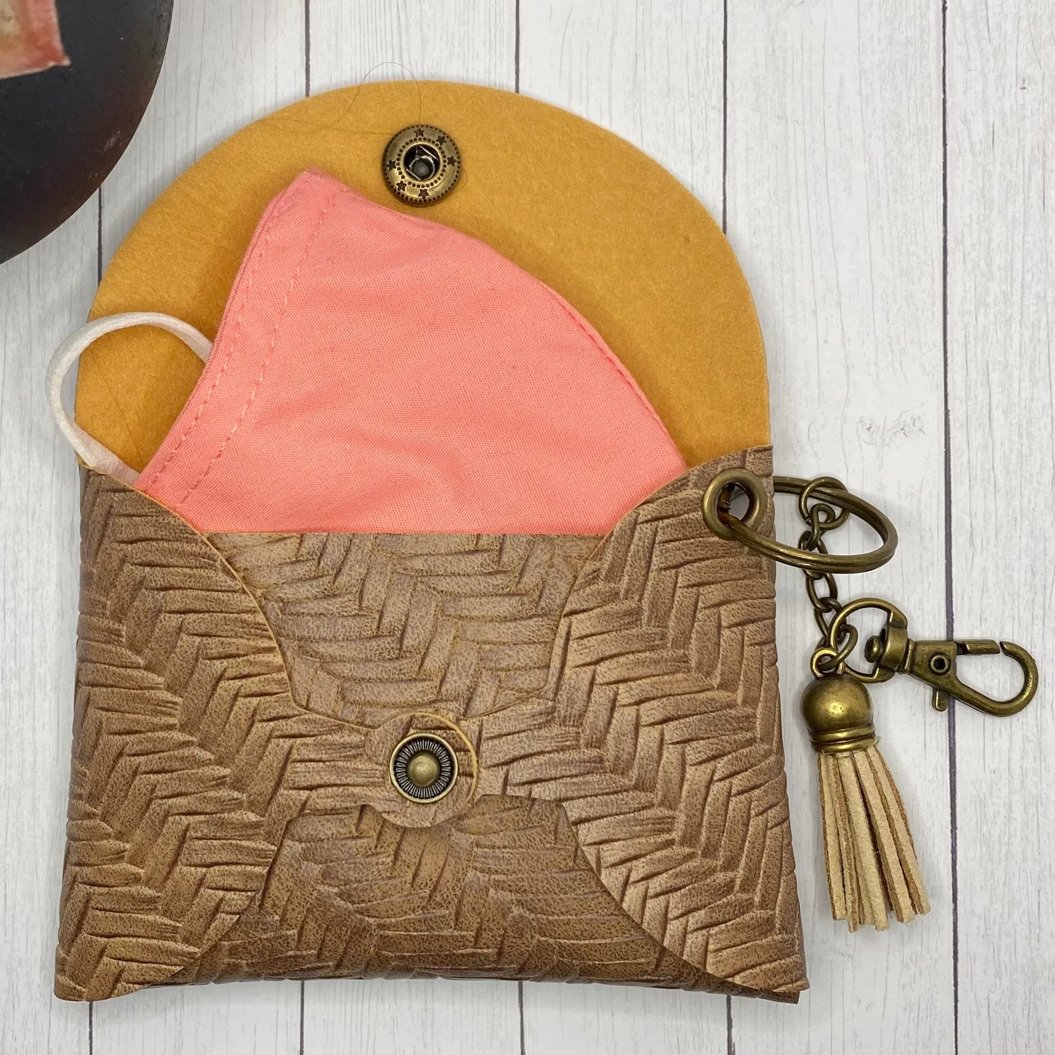 Brown Basketweave Faux Leather ID Wallet Mask Holder