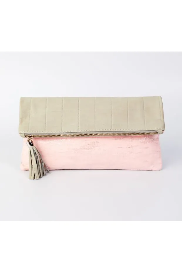Cece Grey Embossed leather Reversible to Metallic Silver Pink Linen Foldover Clutch