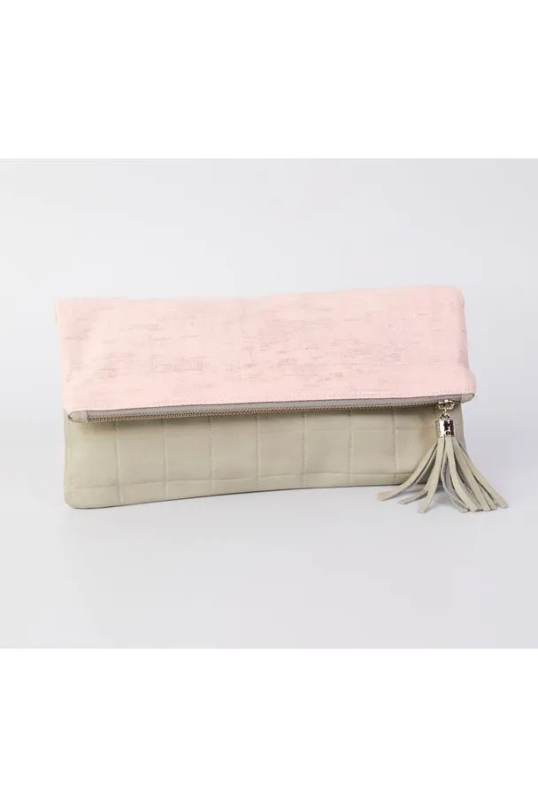 Cece Grey Embossed leather Reversible to Metallic Silver Pink Linen Foldover Clutch