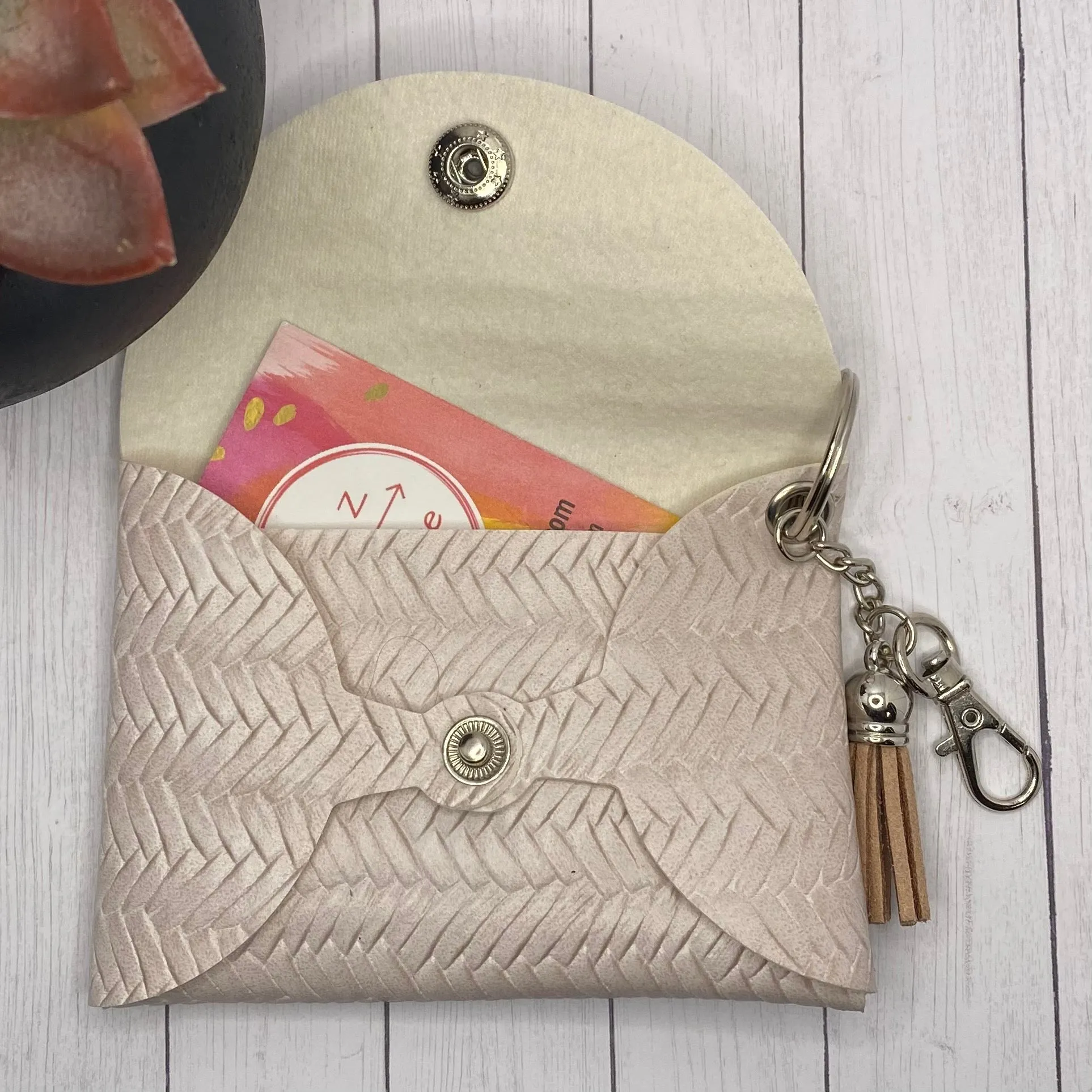 Cream Basketweave Faux Leather ID Wallet Mask Holder