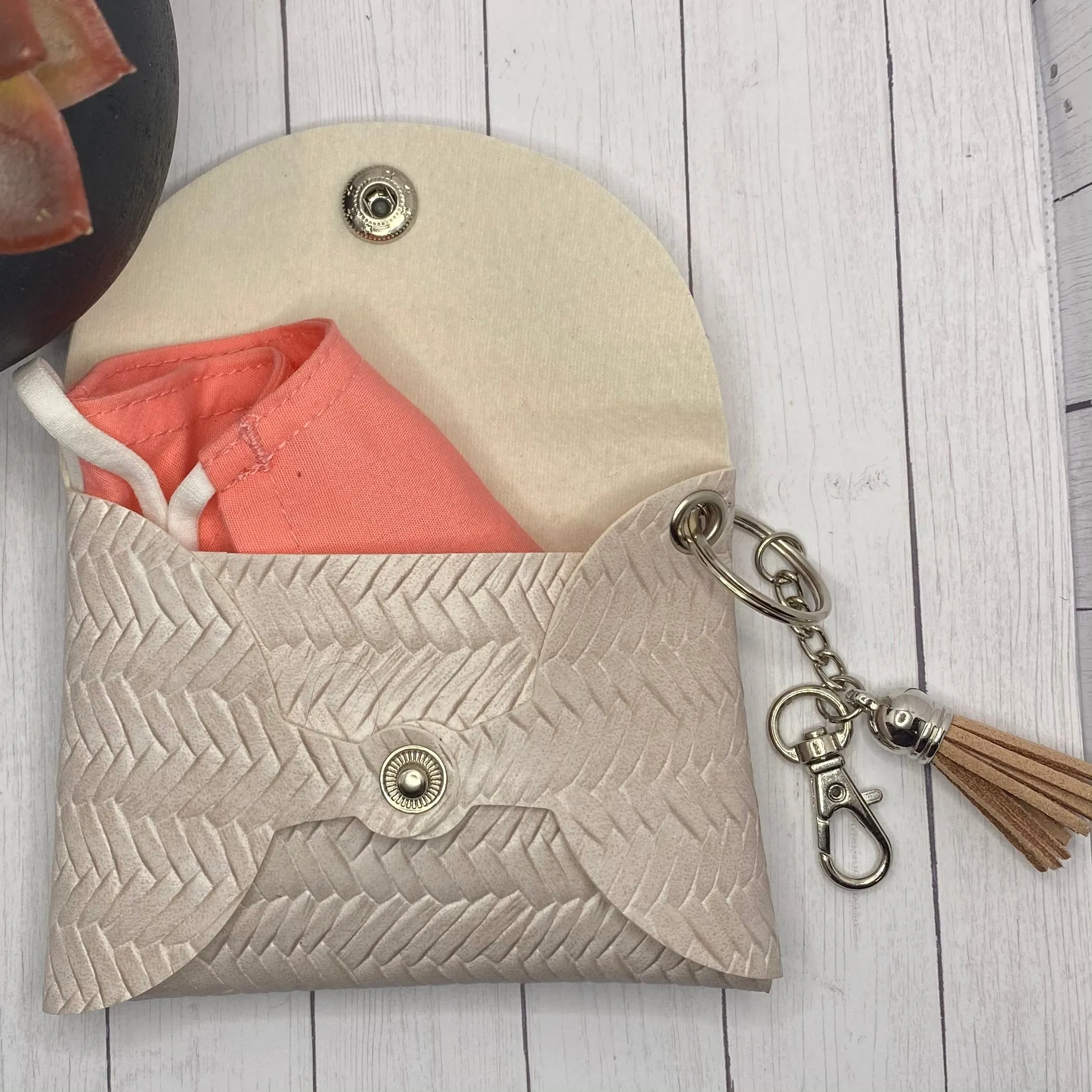 Cream Basketweave Faux Leather ID Wallet Mask Holder