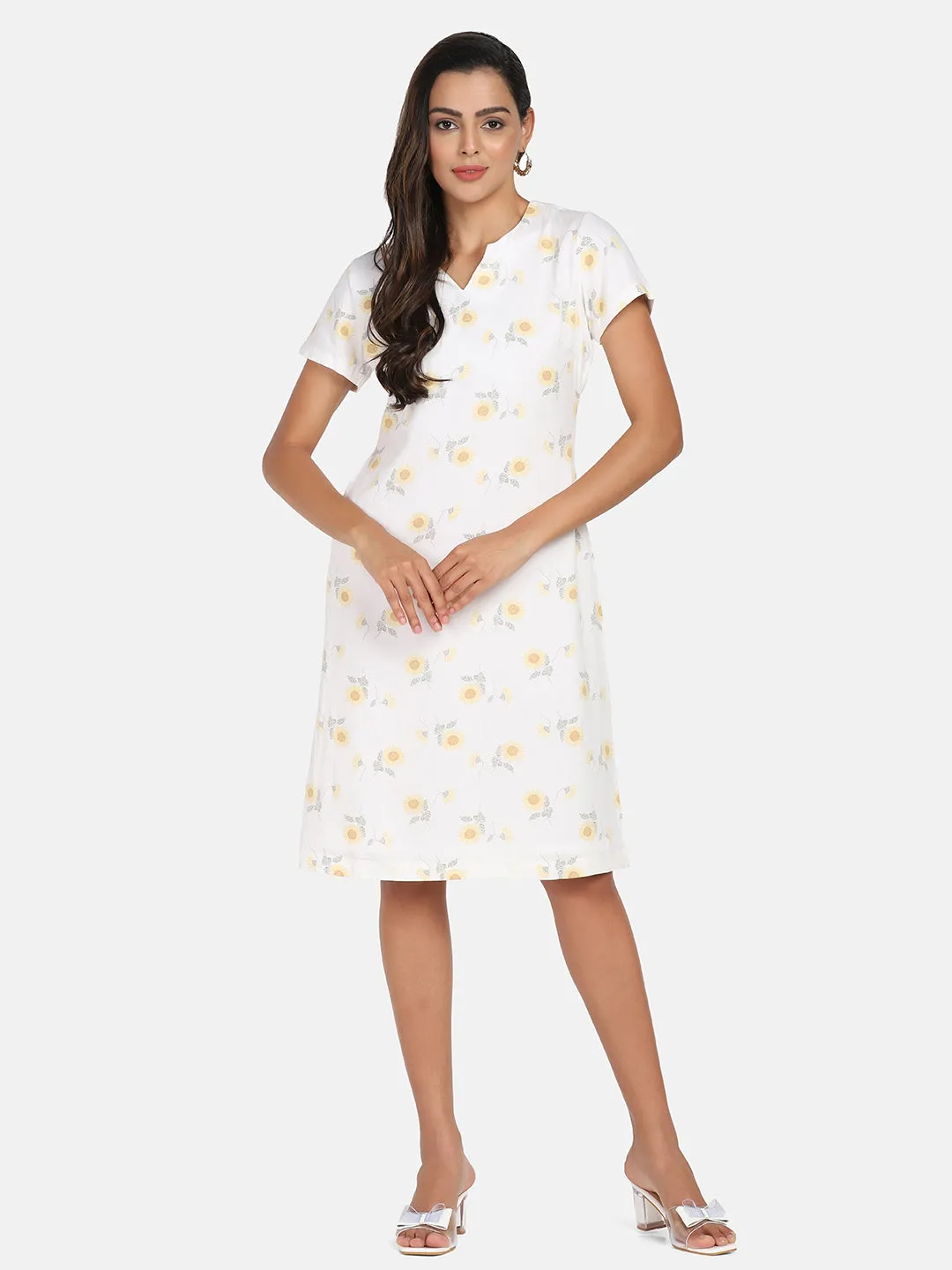 Floral Print Rayon A line Stress - White & Yellow