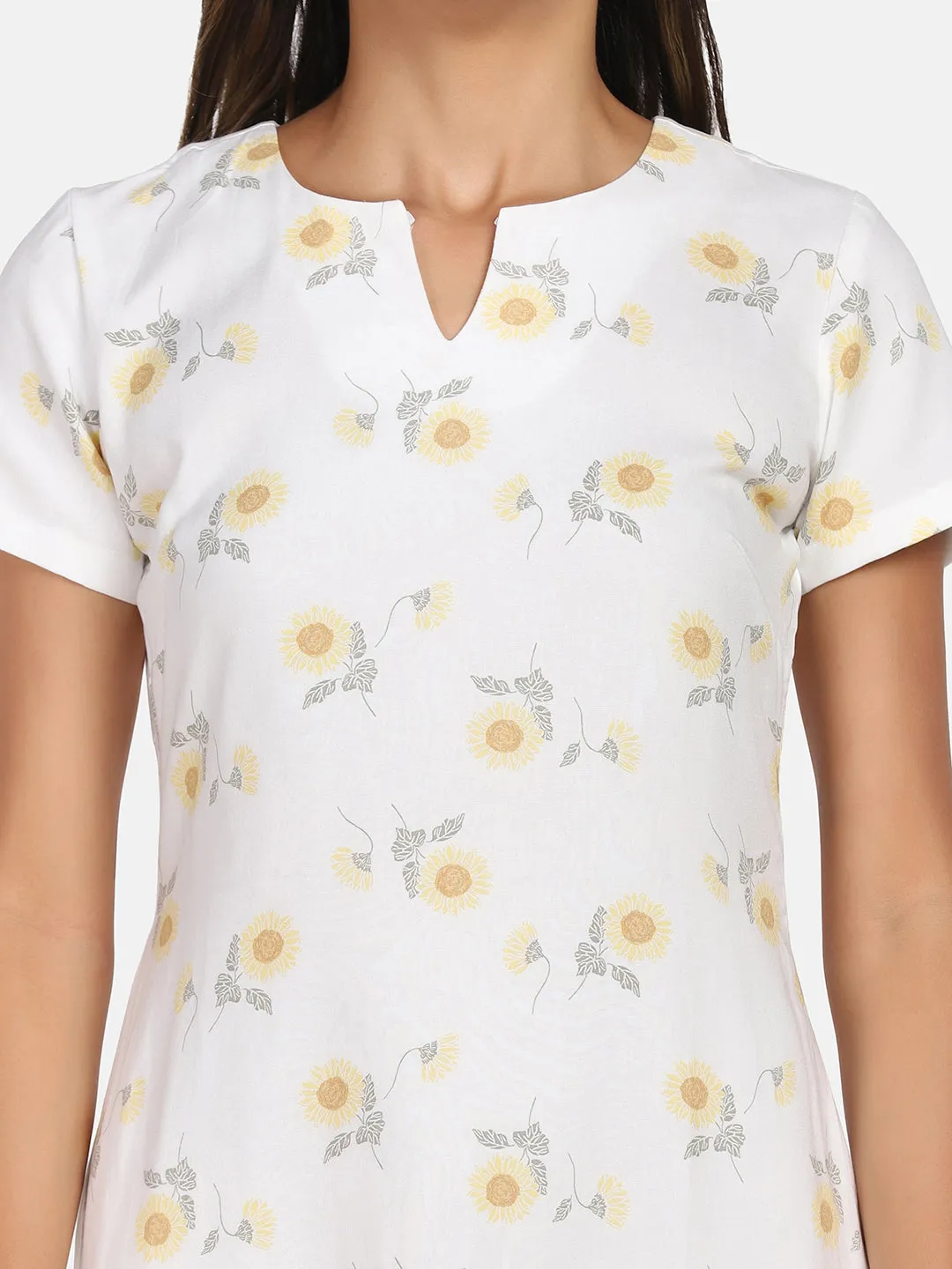 Floral Print Rayon A line Stress - White & Yellow