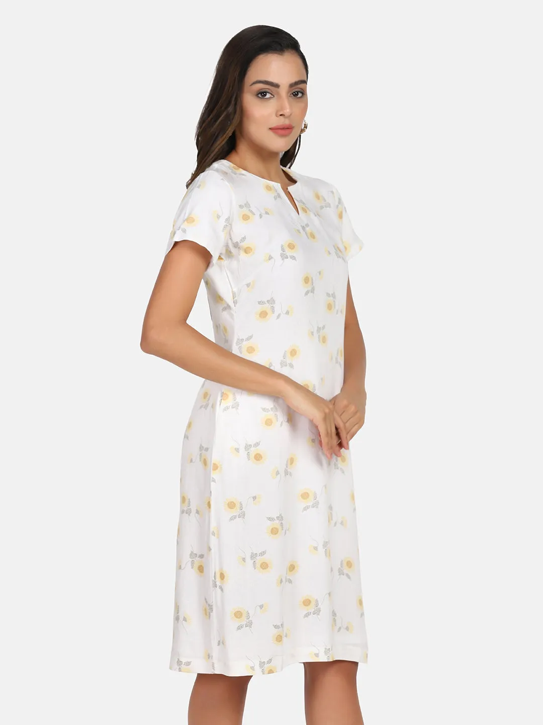 Floral Print Rayon A line Stress - White & Yellow