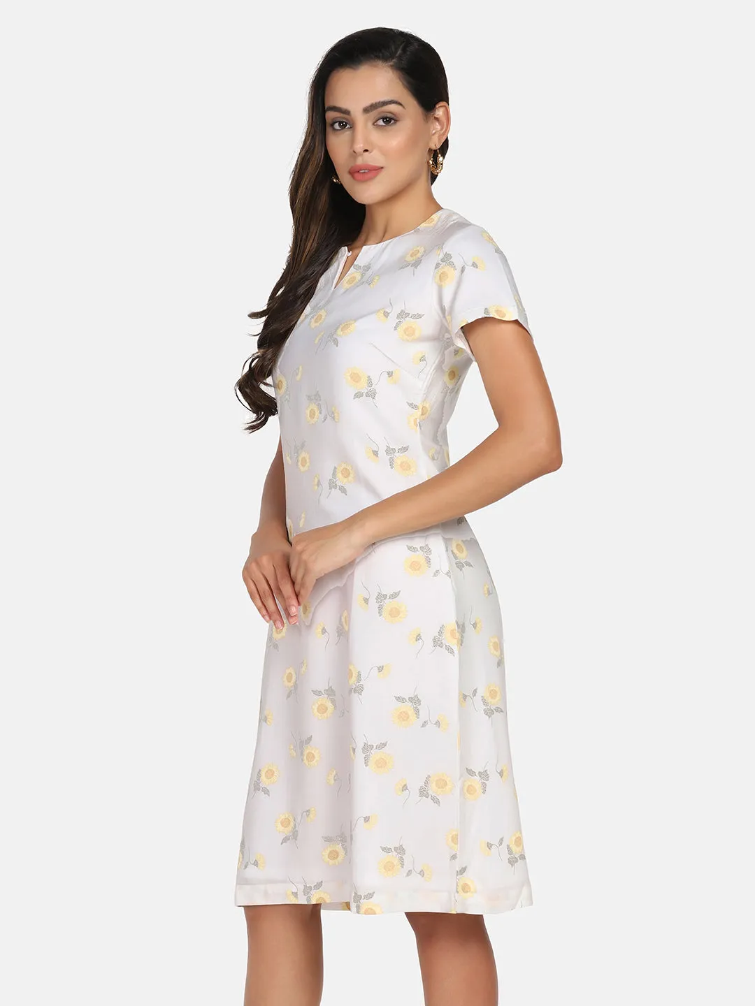 Floral Print Rayon A line Stress - White & Yellow
