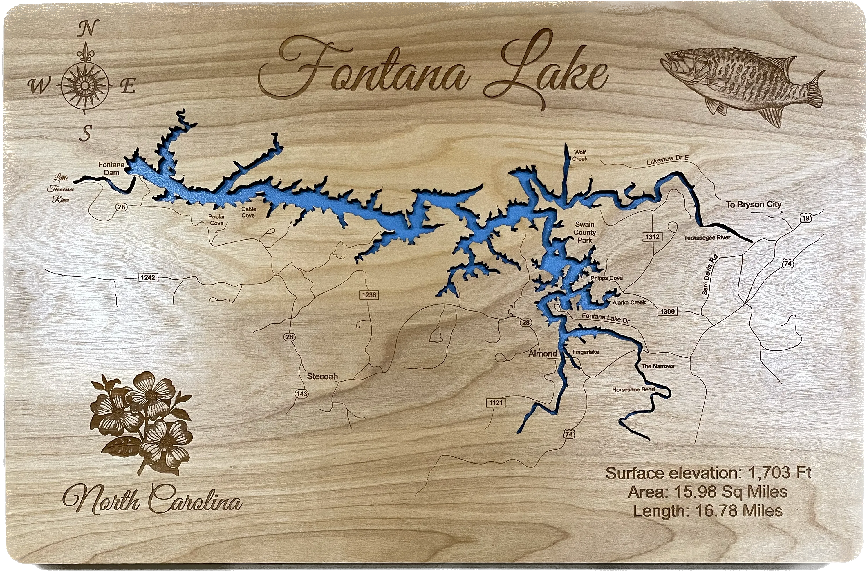 Fontana Lake, North Carolina - Laser Engraved Wood Map Overflow Sale Special
