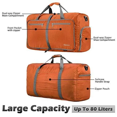 Gonex 80L Foldable Travel Duffle Bag for Luggage, Gym, Sport, Camping, Storage, Shopping Water Repellent & Tear Resistant Orange