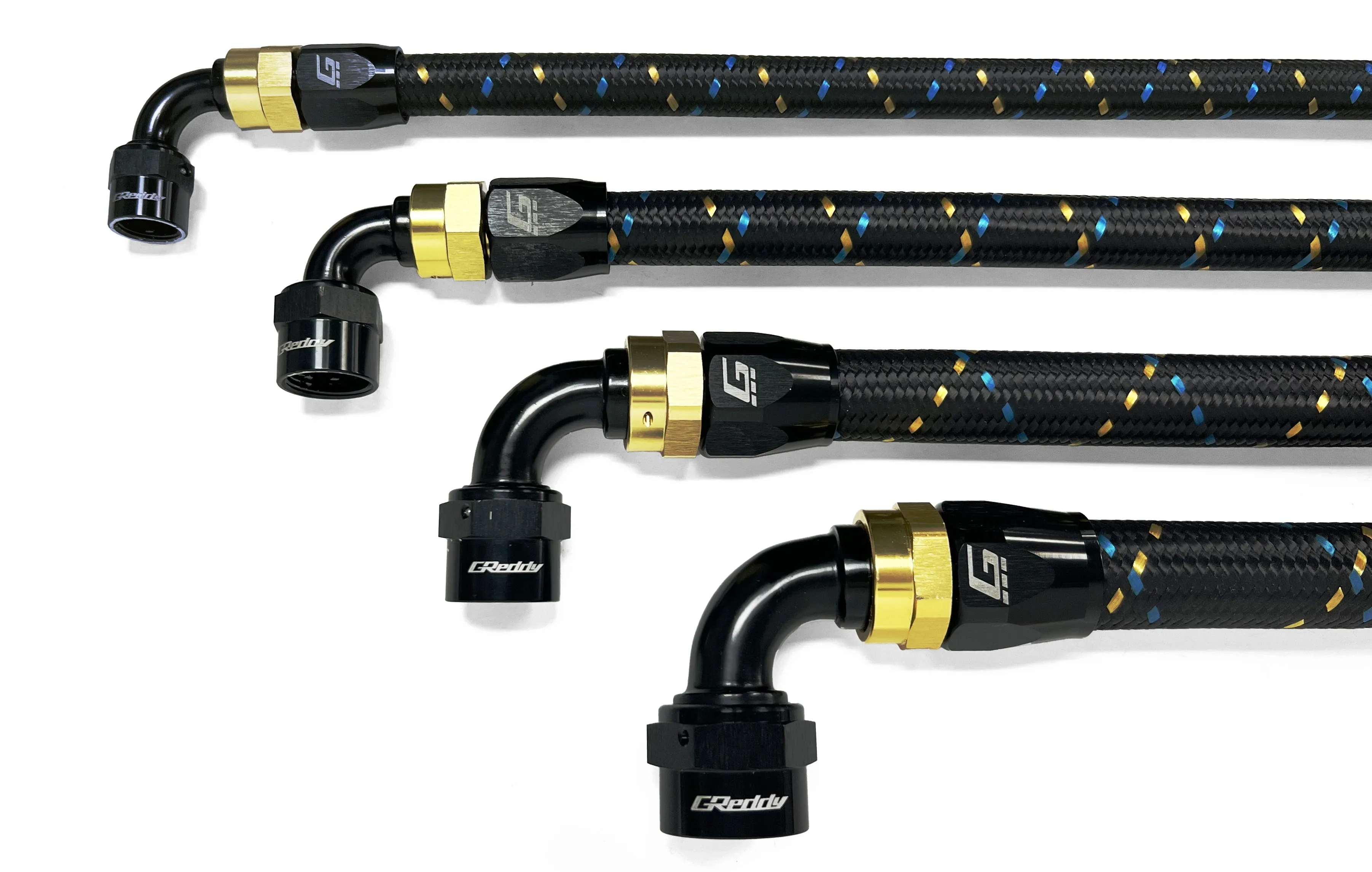 GReddy Durable Nylon Braided -4 Hose in Black, Gold, and Blue Finish
