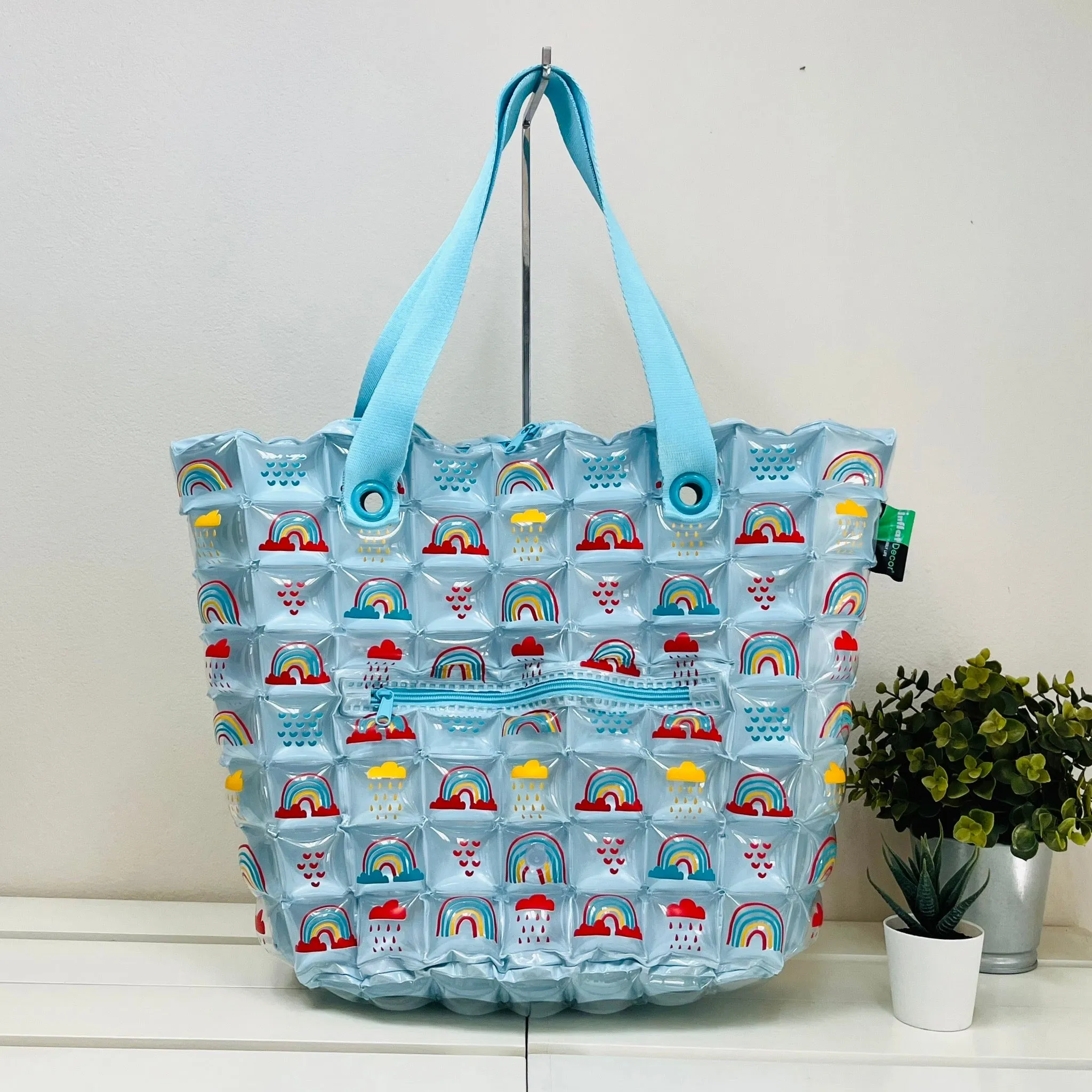 Inflatable Shopping Tote Bag & Beach Bag with Zipper (Large) - Rainbow