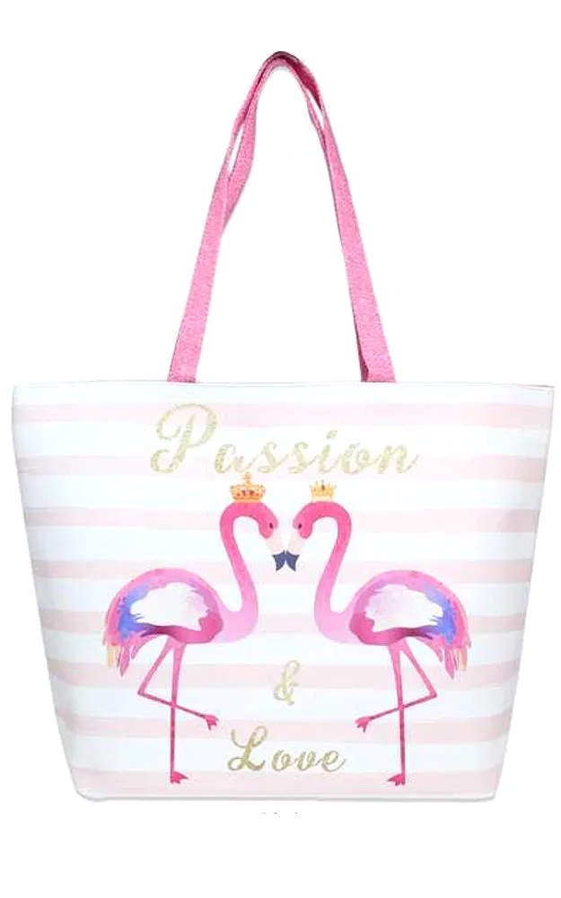 LF101 Pink Passion & Love Flamingo Print Beach Bag