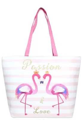 LF101 Pink Passion & Love Flamingo Print Beach Bag