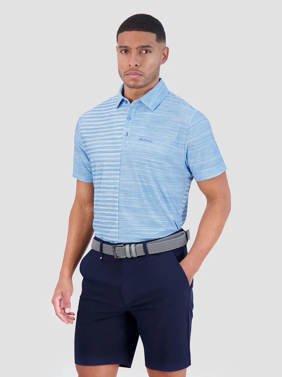 Melange Stripes Color Block Tech Jersey Sports Fit Polo - Azure