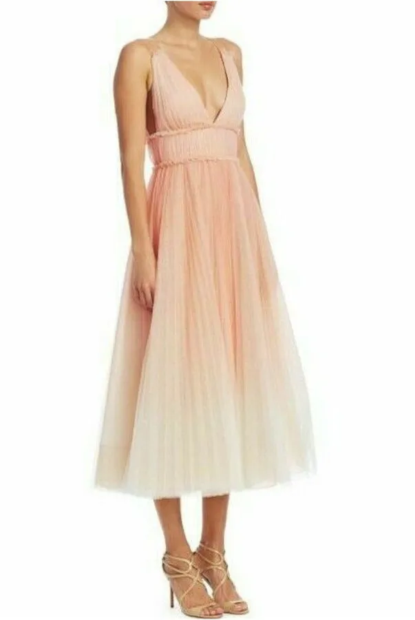 Pink Sleeveless Ombre Pleated Tulle Midi Tea Dress
