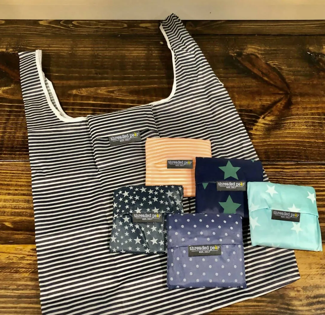 Pink Stripe Reusable Folding Bag