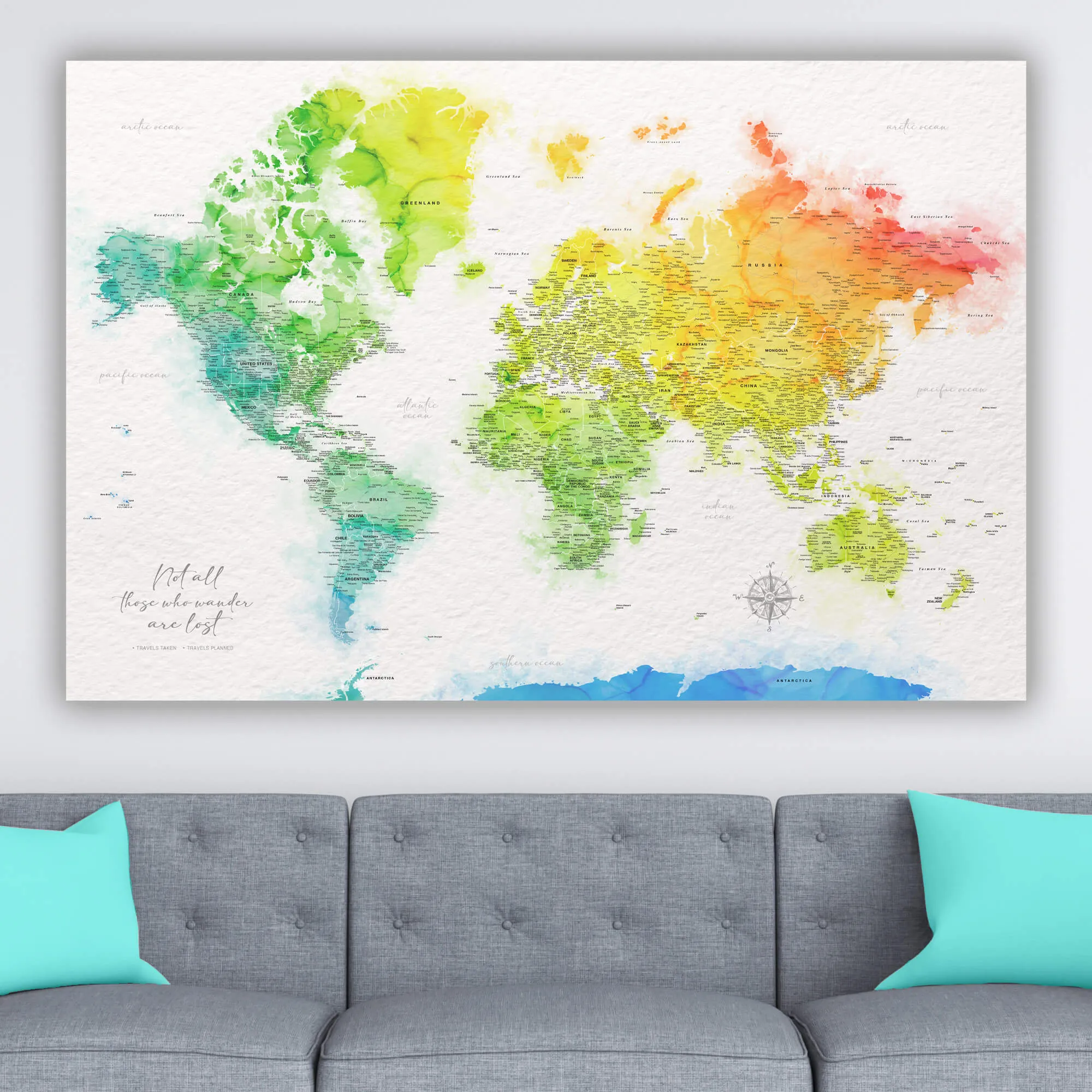 Rainbow Watercolor World Push Pin Map on Canvas