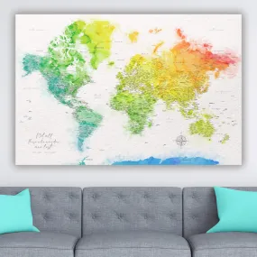 Rainbow Watercolor World Push Pin Map on Canvas