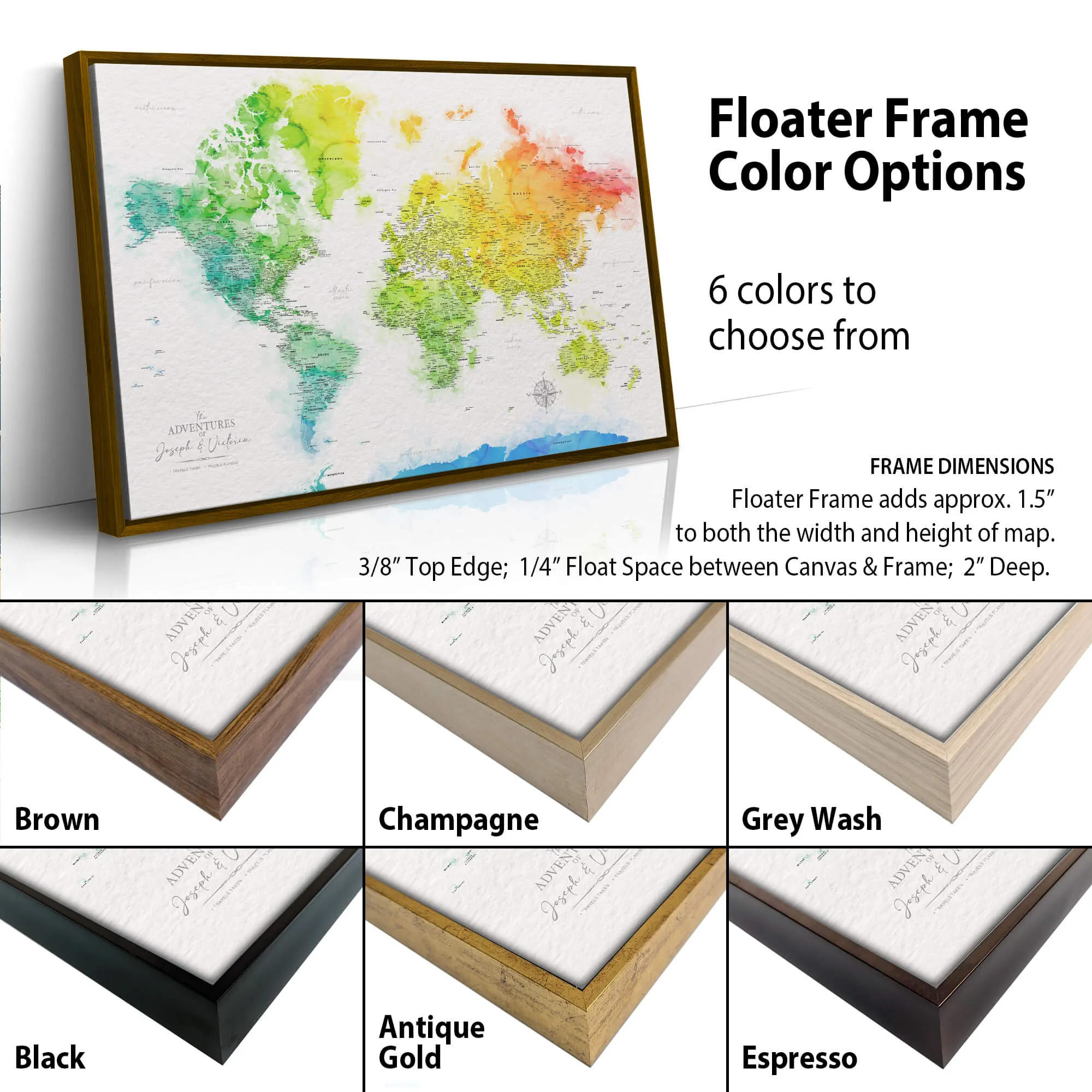 Rainbow Watercolor World Push Pin Map on Canvas